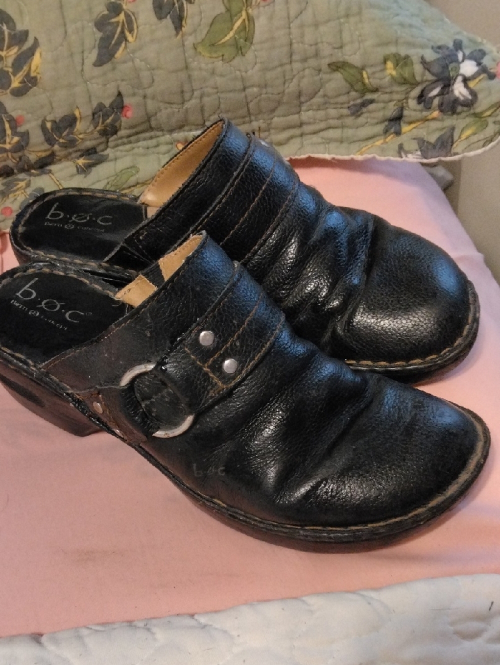 b.o.c. Black Genuine Leather Buckle Slip-On Clogs